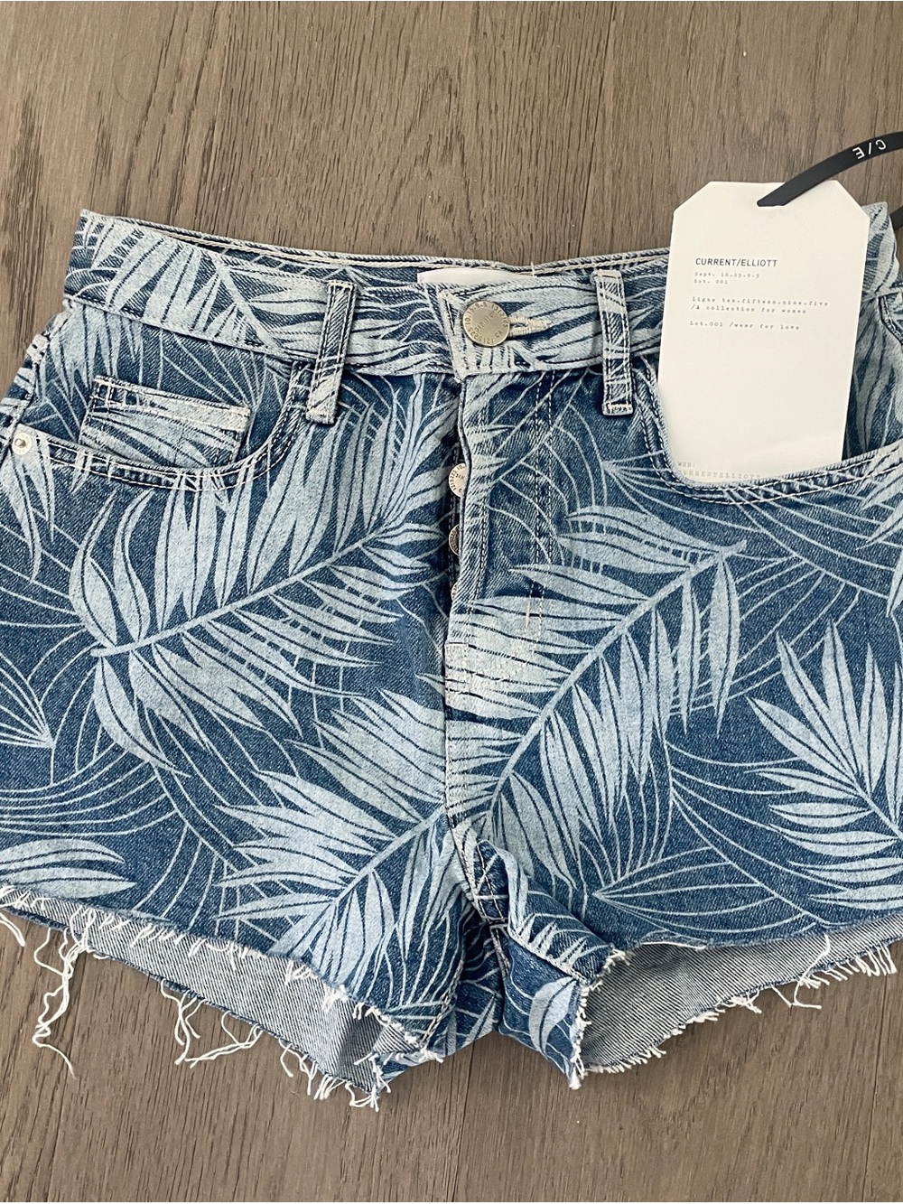 Current/Elliott Blue Palm-Print Denim Cutoff Shorts